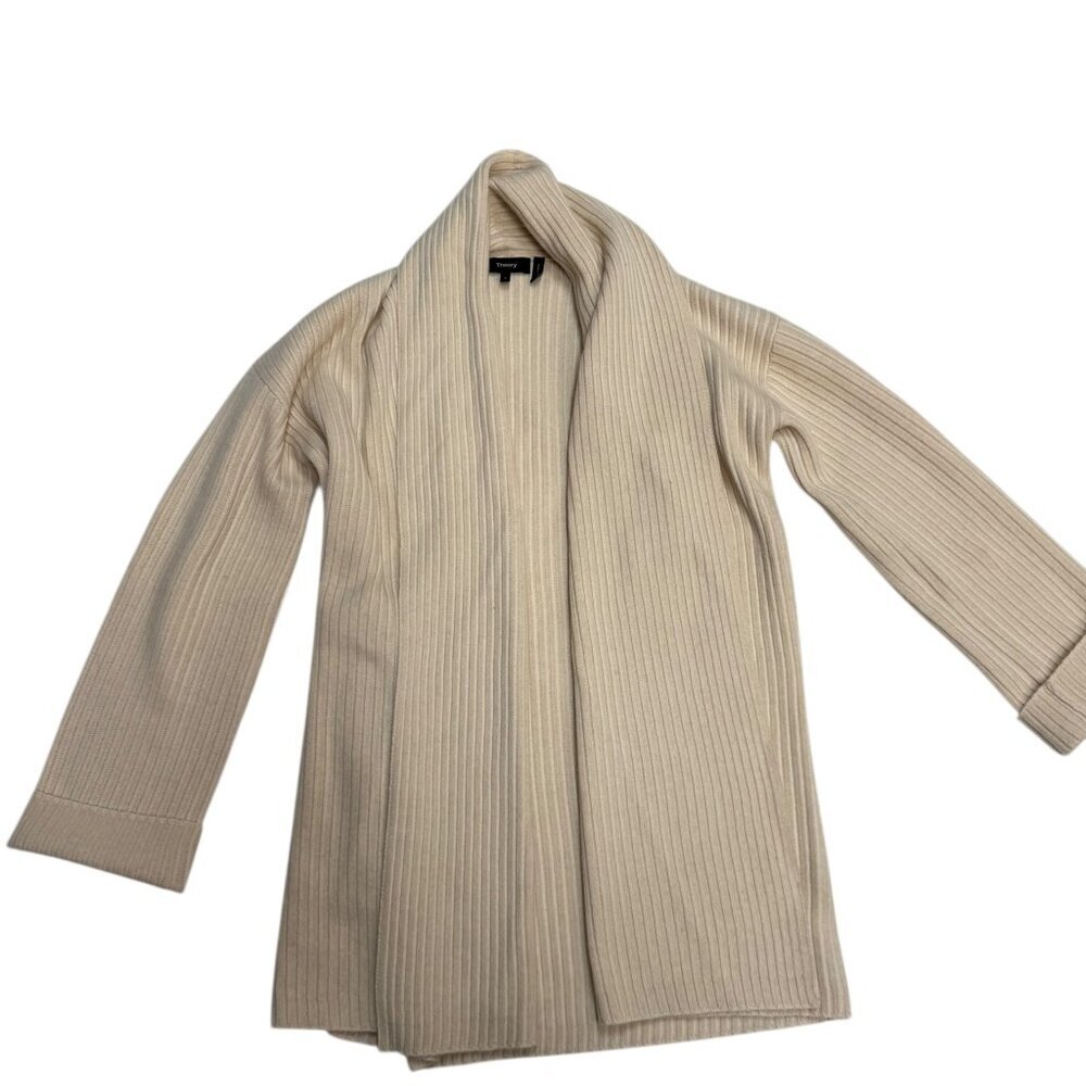 Theory 100% Cashmere Ribbed Open Front Cardigan Sweater Small Ivory EUC